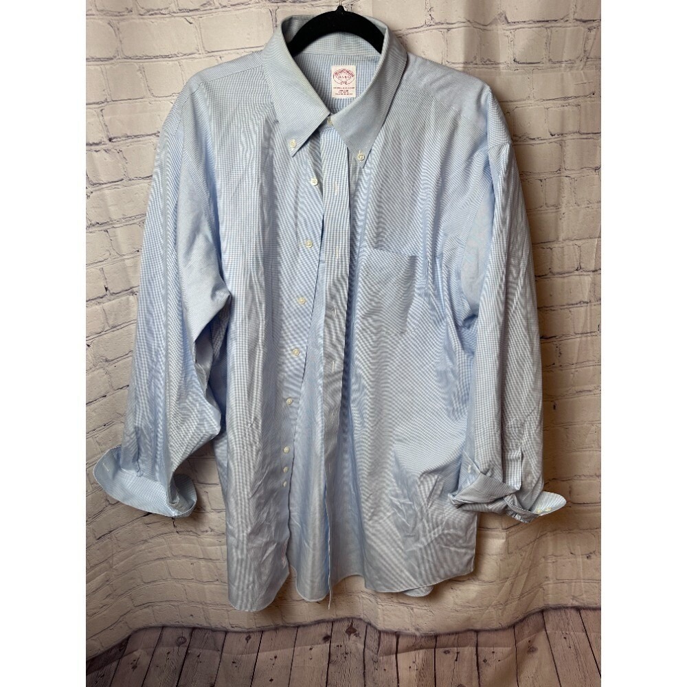 Brooks Brothers Non-Iron Button Down Dress Shirt Light Blue Check 17 1/2-4/5